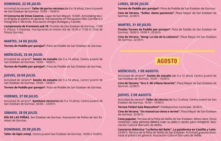 Programa de activiades estivales para el mes de julio y parte de agosto. Programa de activiades estivales para el mes de julio y parte de agosto.