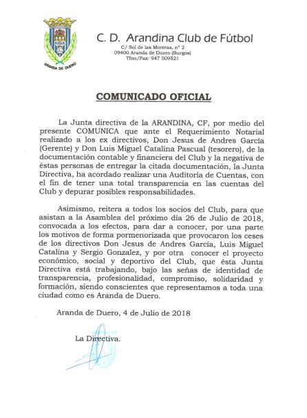 El comunicado de la entidad de El Montecillo. El comunicado de la entidad de El Montecillo.