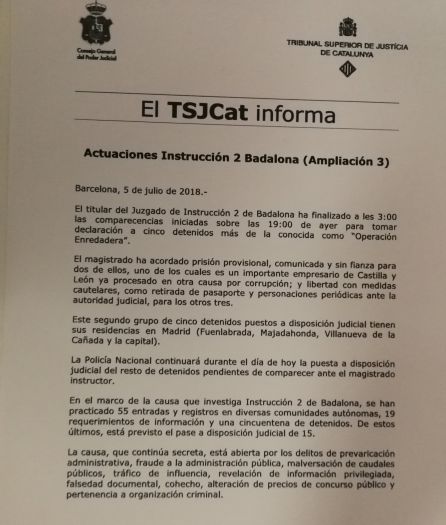Nota de prensa donde el TSJ catalán infrorma del destino de José Luis Ulibarri, asi como de otros investigados en el marco de la Operación Enredadera, tras prestar declaración Nota de prensa donde el TSJ catalán infrorma del destino de José Luis Ulibarri, asi como de otros investigados en el marco de la Operación Enredadera, tras prestar declaración