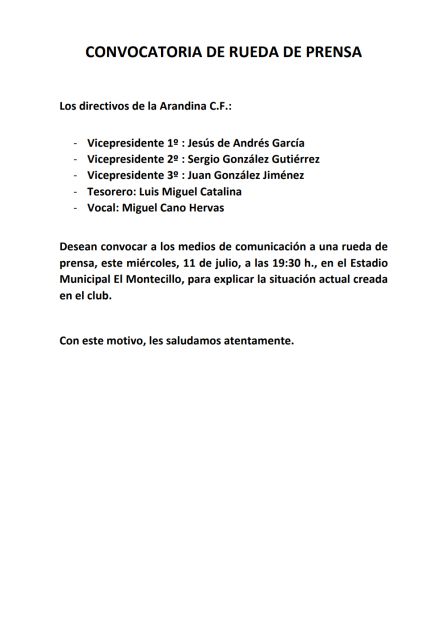 Nota en la que los directivos cesados convocan a los medios este miércoles. Nota en la que los directivos cesados convocan a los medios este miércoles.