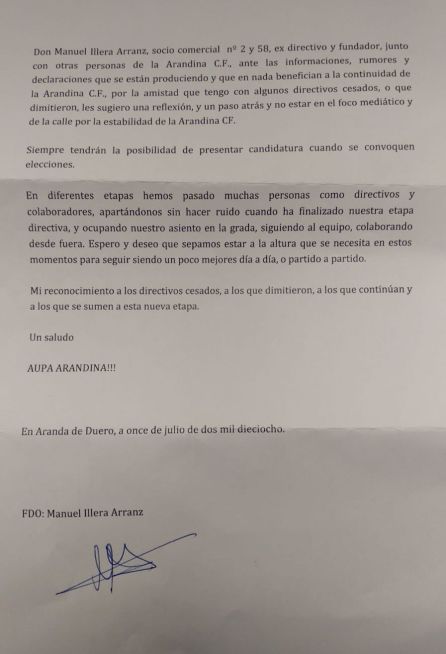 Carta emitida por el socio, ex directivo y fundador, Manuel Illera. Carta emitida por el socio, ex directivo y fundador, Manuel Illera.