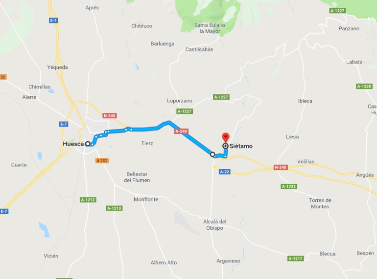 La ruta Huesca-Siétamo solo puede realizarse a través de la N-240 y la A-1219 La ruta Huesca-Siétamo solo puede realizarse a través de la N-240 y la A-1219