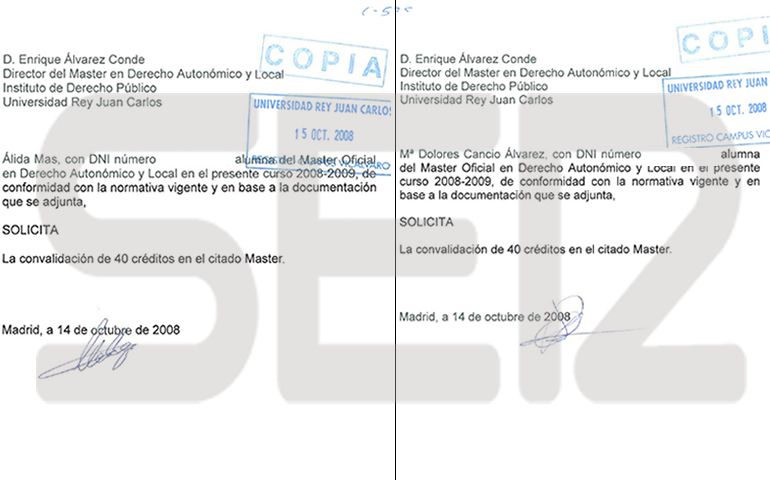 Documento con el que se solicitaron las convalidaciones de créditos de cuatro alumnas del máster Documento con el que se solicitaron las convalidaciones de créditos de cuatro alumnas del máster