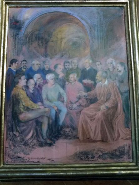 Una de las siete tablas que conforman el Retablo de San Felipe Neri, de Roibal, en la que se aprecian algunos personajes conquenses como Víctor de la Vega, Raúl del Pozo, Guerra Campos, Manuel Martínez Moset, Luis Cañas, Arturo Ballesteros, entre otros, además del propio Roibal, que es el primero de la izquierda, de pie. La tabla presenta a San Felipe Neri en el oratorio. Una de las siete tablas que conforman el Retablo de San Felipe Neri, de Roibal, en la que se aprecian algunos personajes conquenses como Víctor de la Vega, Raúl del Pozo, Guerra Campos, Manuel Martínez Moset, Luis Cañas, Arturo Ballesteros, entre otros, además del propio Roibal, que es el primero de la izquierda, de pie. La tabla presenta a San Felipe Neri en el oratorio.