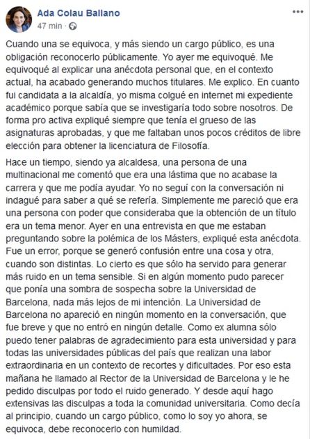 Colau demana disculpes a la Universitat de Barcelona Colau demana disculpes a la Universitat de Barcelona