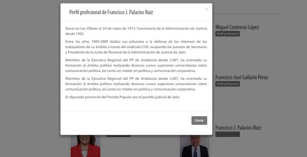 Pantallazo de la web de la Diputación Provincial de Jaén con el perfil profesional de Francisco Palacios. Pantallazo de la web de la Diputación Provincial de Jaén con el perfil profesional de Francisco Palacios.