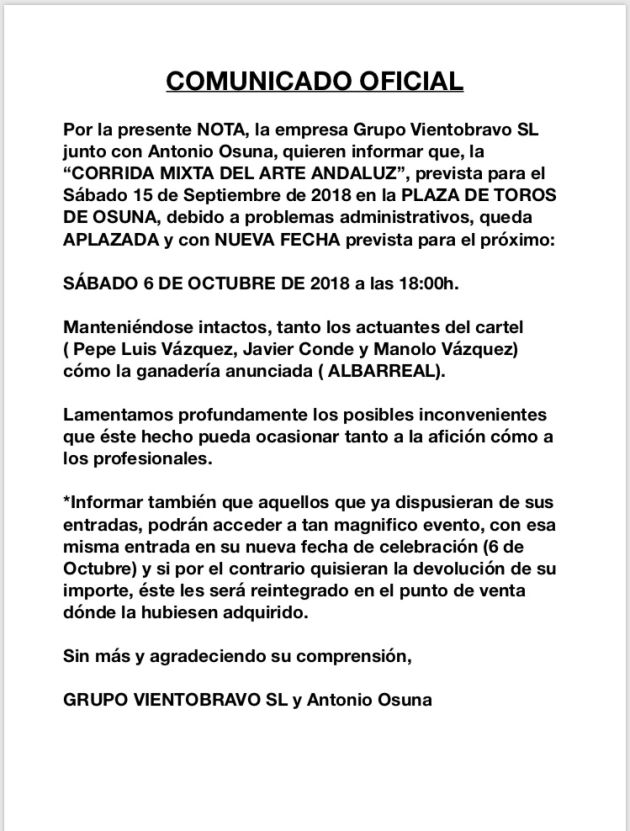 El debut con caballos de nieto de Manolo Vázquez en Osuna se aplaza al 6 de octubre: El debut con caballos del nieto de Manolo Vázquez en Osuna se aplaza al 6 de octubre El debut con caballos de nieto de Manolo Vázquez en Osuna se aplaza al 6 de octubre: El debut con caballos del nieto de Manolo Vázquez en Osuna se aplaza al 6 de octubre