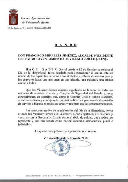 Bando del alcalde de Villacarrillo sobre el Día de la Fiesta Nacional Bando del alcalde de Villacarrillo sobre el Día de la Fiesta Nacional
