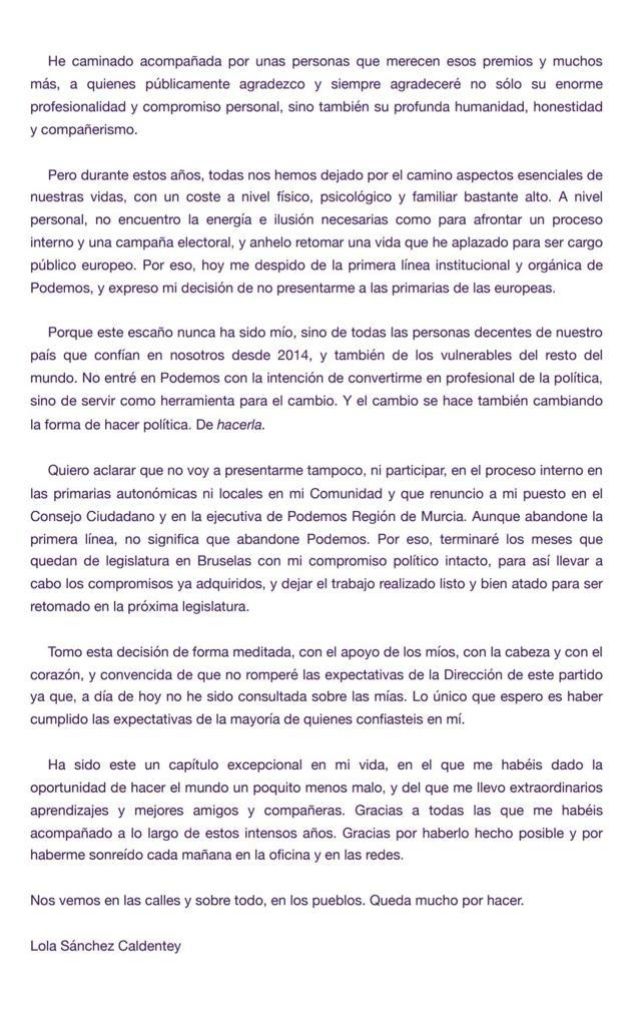 La eurodiputada Lola Sánchez deja la primera línea política La eurodiputada Lola Sánchez deja la primera línea política
