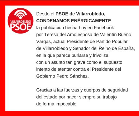 El PSOE de Villarrobledo condena enérgicamente a Teresa del Amo por sus comentarios en facebook El PSOE de Villarrobledo condena enérgicamente a Teresa del Amo por sus comentarios en facebook