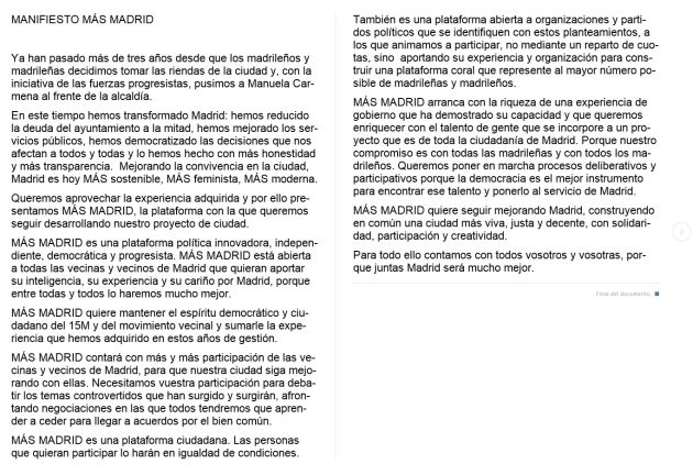 Manifiesto de Más Madrid Manifiesto de Más Madrid