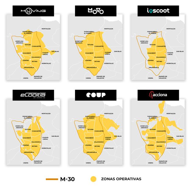 Zonas operativas de los distintos servicios de motosharing por minutos en Madrid. Zonas operativas de los distintos servicios de motosharing por minutos en Madrid.