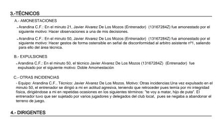 Captura del acta del encuentro donde el colegiado refleja las duras palabras del entrenador burgalés. Captura del acta del encuentro donde el colegiado refleja las duras palabras del entrenador burgalés.
