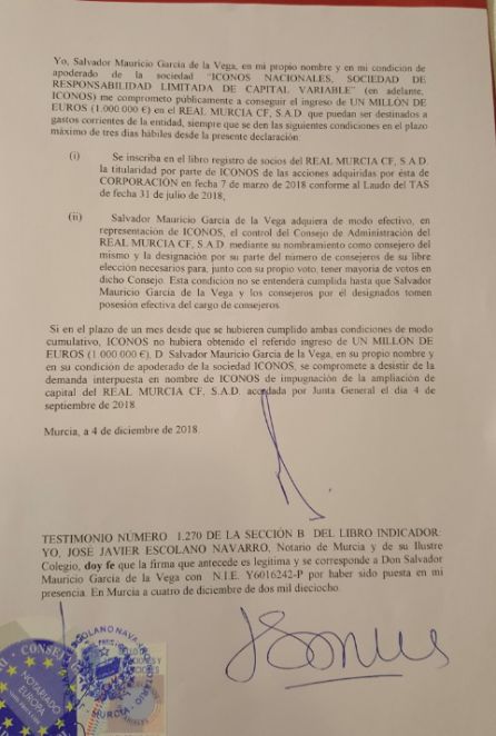 García de la Vega condiciona el poner 1 millón de euros para el Real Murcia García de la Vega condiciona el poner 1 millón de euros para el Real Murcia