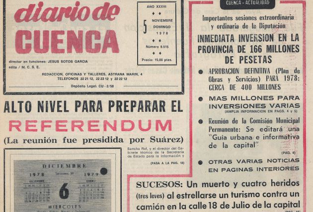 Portada de 'Diario de Cuenca' del 5 de noviembre de 1978. Portada de 'Diario de Cuenca' del 5 de noviembre de 1978.