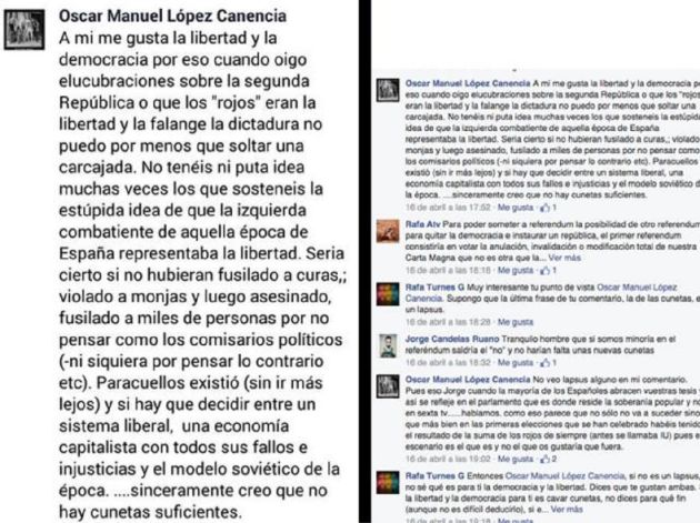 Publicación en Facebook que provocó su dimisión en el año 2015 Publicación en Facebook que provocó su dimisión en el año 2015
