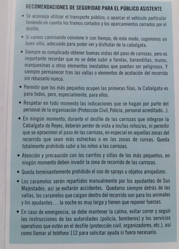 El ayuntamiento hacie las siguientes recomendaciones de seguridad alos asistentes a la cabalgata El ayuntamiento hacie las siguientes recomendaciones de seguridad alos asistentes a la cabalgata
