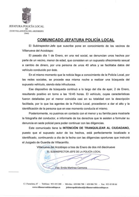 Comunicado oficial explicando lo sucedido y el procedimiento seguido por las autoridades policiales de Villanueva del Arzobispo Comunicado oficial explicando lo sucedido y el procedimiento seguido por las autoridades policiales de Villanueva del Arzobispo