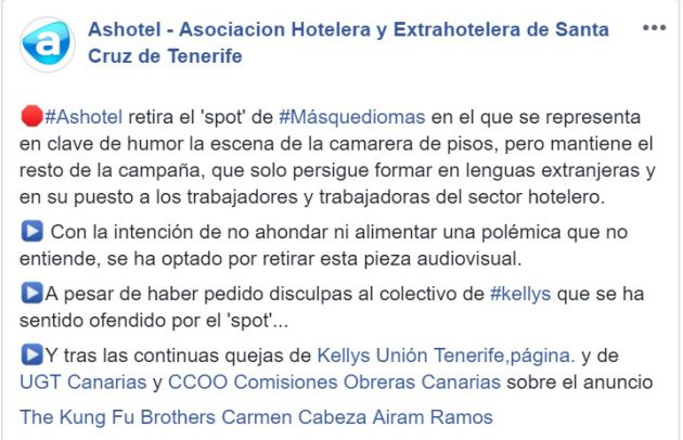 Ashotel retira el spot que ofendió a las camareras de piso Ashotel retira el spot que ofendió a las camareras de piso