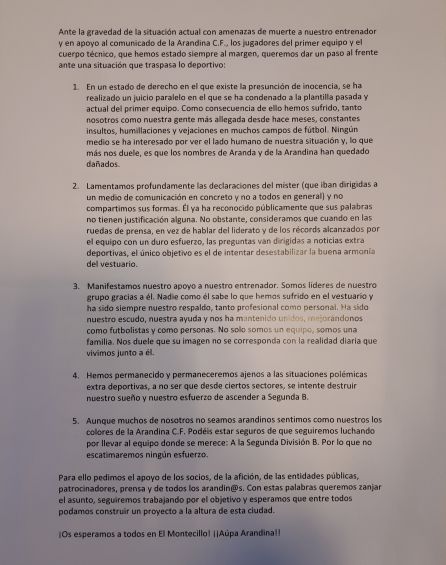 Manifiesto de los jugadores a la prensa. Manifiesto de los jugadores a la prensa.