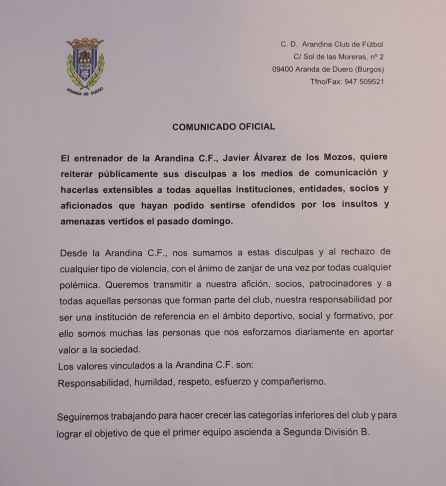 Comunicado del club pidiendo disculpas en nombre de su entrenador. Comunicado del club pidiendo disculpas en nombre de su entrenador.