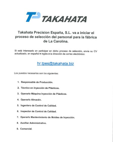 La puesta en marcha de Takahata en La Carolina podría ser esta primavera La puesta en marcha de Takahata en La Carolina podría ser esta primavera