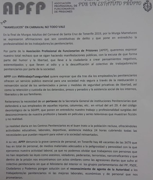 Carnaval de Tenerife: Funcionarios de Prisiones ven "delito" en una letra de la murga Los Mamelucos Carnaval de Tenerife: Funcionarios de Prisiones ven "delito" en una letra de la murga Los Mamelucos