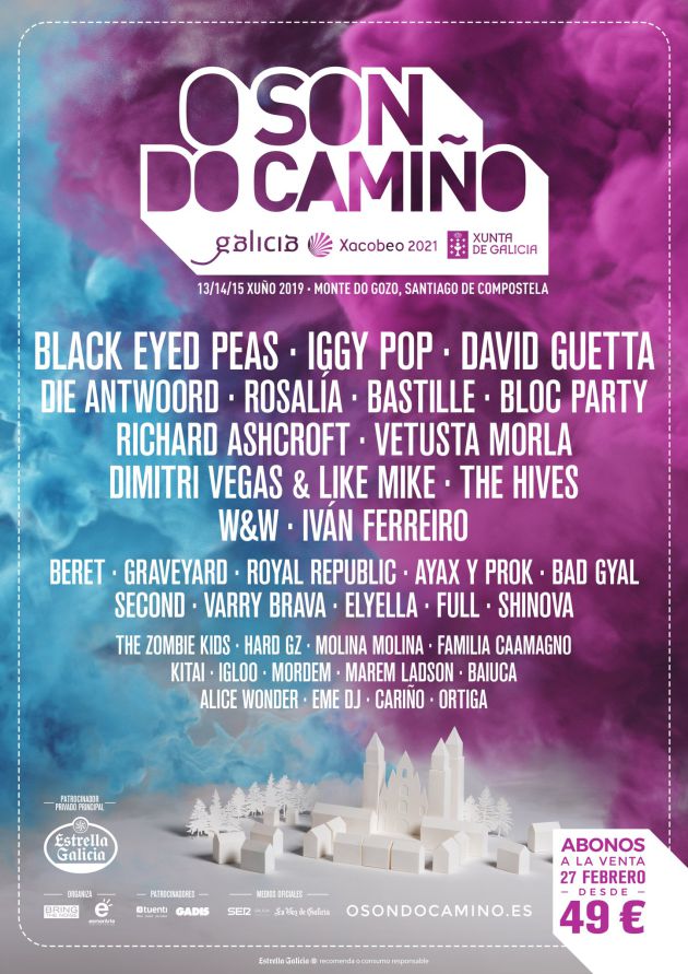 O Son do Camiño, Black Eyed Peas, Iggy Pop, David Guetta, Rosalía, Bastille, Vetusta Morla, Bloc Party: O Son do Camiño ya tiene cartel para su segunda edición O Son do Camiño, Black Eyed Peas, Iggy Pop, David Guetta, Rosalía, Bastille, Vetusta Morla, Bloc Party: O Son do Camiño ya tiene cartel para su segunda edición