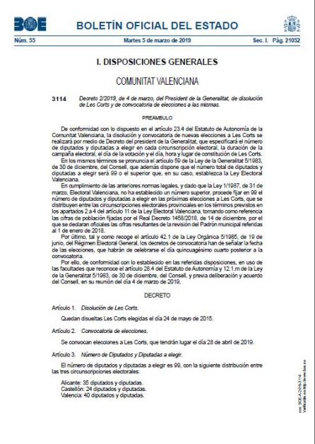 El DOGV publica el decreto de disolución de les Corts El DOGV publica el decreto de disolución de les Corts