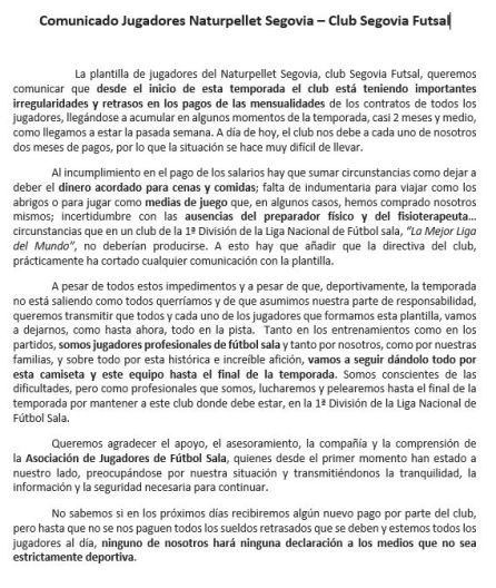 Comunicado de los jugadores de Naturpellet Comunicado de los jugadores de Naturpellet