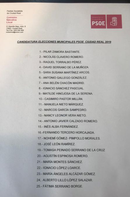 Candidatura completa del PSOE para las elecciones municipales en Ciudad Real Candidatura completa del PSOE para las elecciones municipales en Ciudad Real
