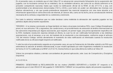 Parte del argumento por el que la Federación desestima el recurso del Linares Parte del argumento por el que la Federación desestima el recurso del Linares