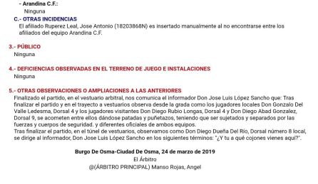 El acta del colegiado refleja lo sucedido tras el final del encuentro. El acta del colegiado refleja lo sucedido tras el final del encuentro.