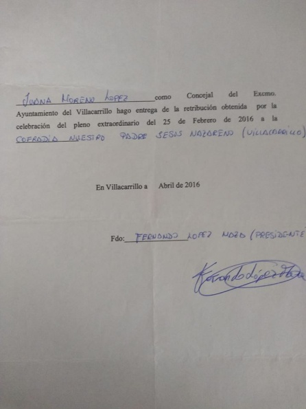 Juana Moreno, concejala del Psoe, para defender la procedencia y destino acordado por su grupo político, compartió este recibo del 2016 en redes sociales. Juana Moreno, concejala del Psoe, para defender la procedencia y destino acordado por su grupo político, compartió este recibo del 2016 en redes sociales.