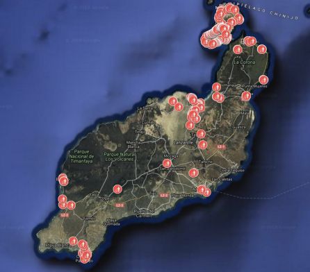 Mapa con la geolocalización de la basura encontrada en distintos puntos de Lanzarote y La Graciosa. Mapa con la geolocalización de la basura encontrada en distintos puntos de Lanzarote y La Graciosa.
