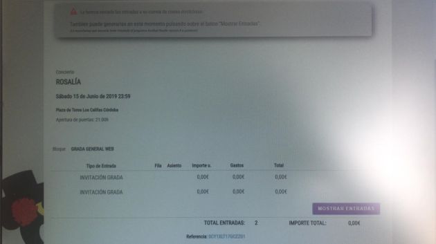 Captura de pantalla del proceso del sistema online de reparto de entradas Captura de pantalla del proceso del sistema online de reparto de entradas