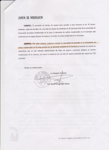 Documento de la Junta de Andalucía, respuesta ante la solicitud de necesidades desde el Ayuntamiento de Jódar Documento de la Junta de Andalucía, respuesta ante la solicitud de necesidades desde el Ayuntamiento de Jódar