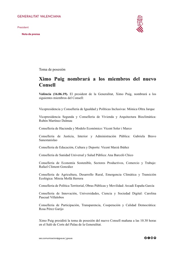 Comunicado oficial de los nombramientos del nuevo Consell de Ximo Puig Comunicado oficial de los nombramientos del nuevo Consell de Ximo Puig