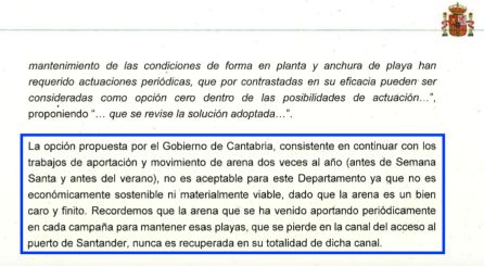 Fragmento de la carta remitida por Medio Ambiente el Ayuntamiento de Santander en el que explica que los rellenos de arena no continuarán si se descarta la construcción de los polémicos espigones. Fragmento de la carta remitida por Medio Ambiente el Ayuntamiento de Santander en el que explica que los rellenos de arena no continuarán si se descarta la construcción de los polémicos espigones.