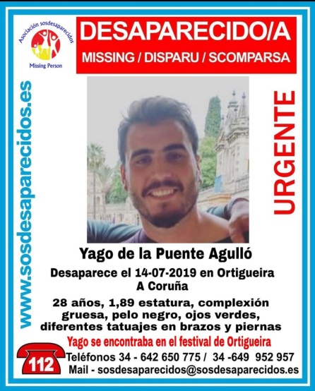 Yago de la Puente Agulló: Buscan a un joven coruñés que desapareció en el Festival de Ortigueira Yago de la Puente Agulló: Buscan a un joven coruñés que desapareció en el Festival de Ortigueira