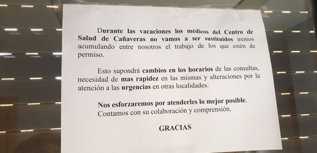 Cartel informativo en los consultorios dependientes del Centro de Salud de Cañaveras. Cartel informativo en los consultorios dependientes del Centro de Salud de Cañaveras.