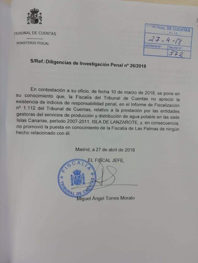 Escrito del Fiscal Jefe del Tribunal de Cuentas. Escrito del Fiscal Jefe del Tribunal de Cuentas.