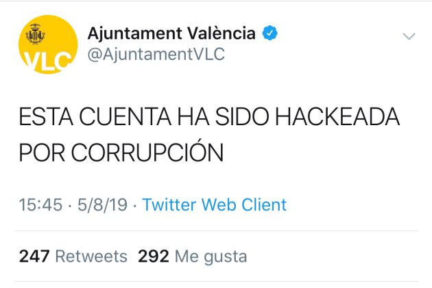Secuestran la cuenta de Twitter del Ayuntamiento de Valencia durante unas horas Secuestran la cuenta de Twitter del Ayuntamiento de Valencia durante unas horas
