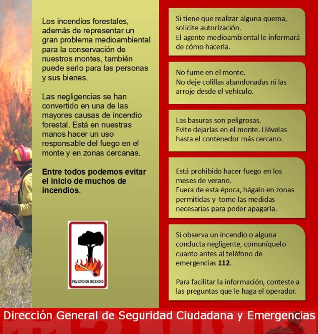 Díptico con consejos y recomendaciones de la Dirección General de Seguridad Ciudadana y Emergencias para evitar incendios Díptico con consejos y recomendaciones de la Dirección General de Seguridad Ciudadana y Emergencias para evitar incendios