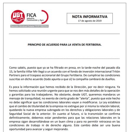 Circular remitida por UGT a los trabajadores de Fertiberia Circular remitida por UGT a los trabajadores de Fertiberia