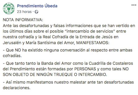 Comunicado del Prendimiendo publicado en Facebook Comunicado del Prendimiendo publicado en Facebook
