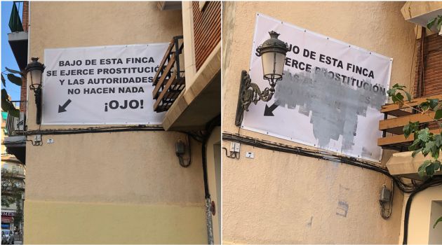 Cartel que han colocado los vecinos para denunciar la situación antes y horas después pintado y tachado Cartel que han colocado los vecinos para denunciar la situación antes y horas después pintado y tachado