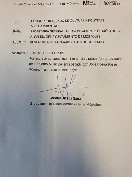 Renuncia de Gabriel Ortega, concejal de cultura y y políticas medio ambientales de Móstoles Renuncia de Gabriel Ortega, concejal de cultura y y políticas medio ambientales de Móstoles