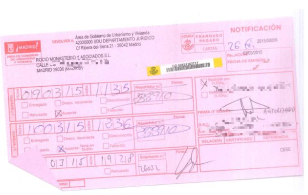 Resguardo de una notificación enviada a Espinosa de los Monteros en la que el destinatario aparece como ausente. Resguardo de una notificación enviada a Espinosa de los Monteros en la que el destinatario aparece como ausente.