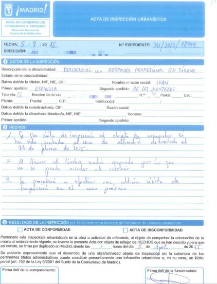 Una de las actas de Inspección Urbanística del Ayuntamiento en la que el técnico deja constancia de que nadie responde y no puede acceder a la vivenda. Una de las actas de Inspección Urbanística del Ayuntamiento en la que el técnico deja constancia de que nadie responde y no puede acceder a la vivenda.